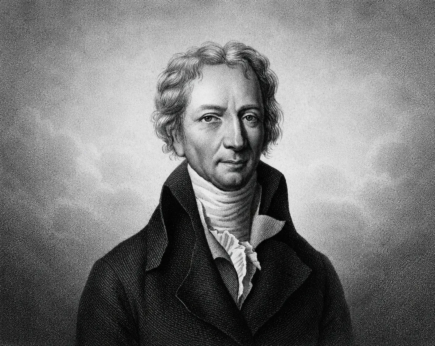 Black-and-white portrait of an elderly man wearing a coat and a tie, with a gradient background